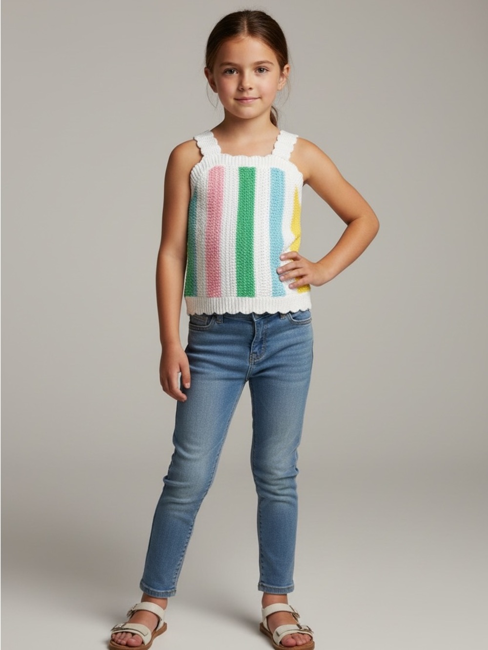 Old Navy White Knit Tank Top with Pastel Stripes Size 5